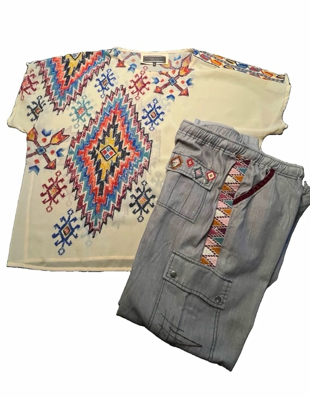 Double D Ranch 2pc Women’s Set L Ivory Geometric Embroidered Top & Taupe Pants
